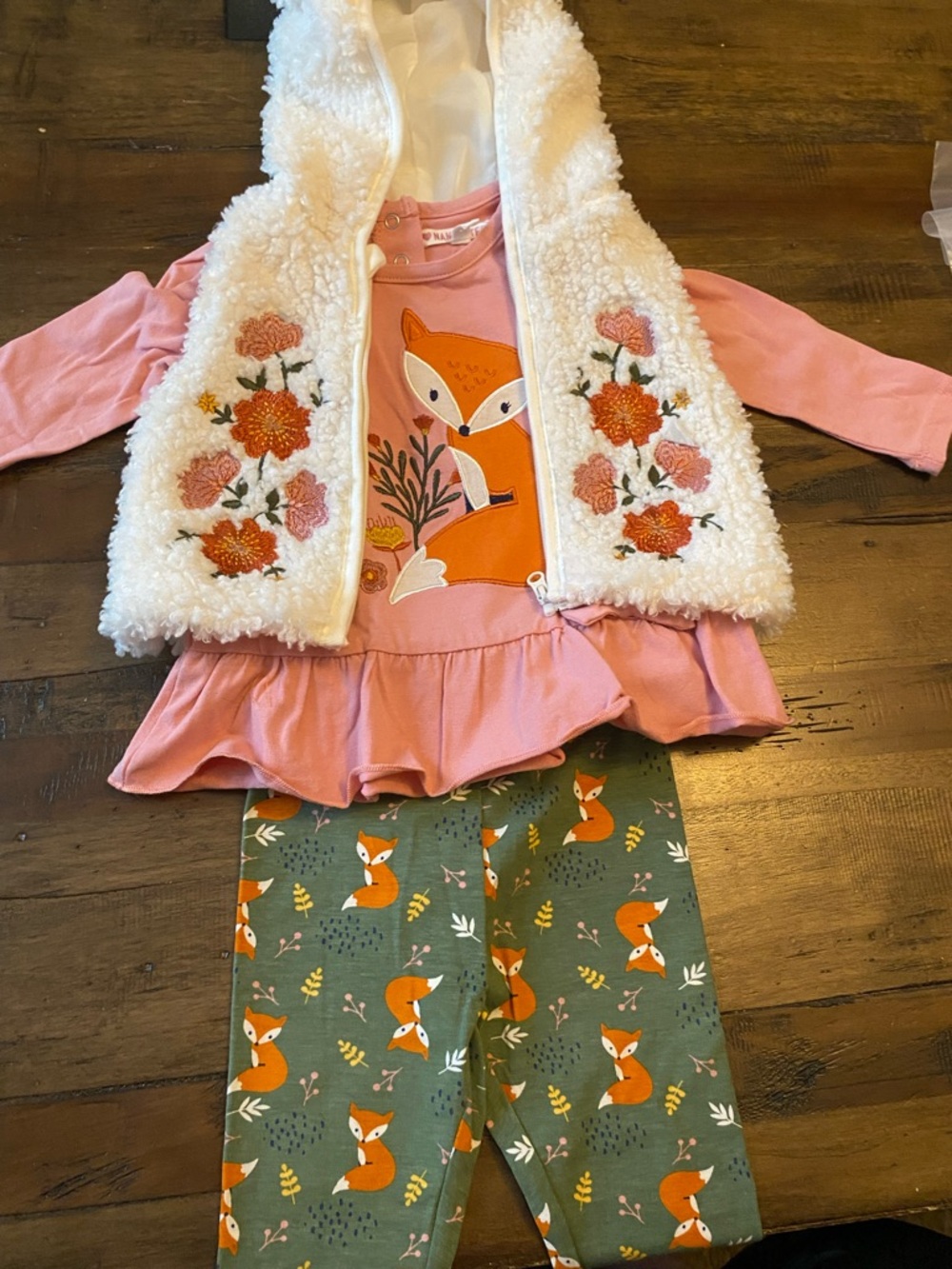 Kids Pink Fox Matching Set with Floral Sherpa Vest